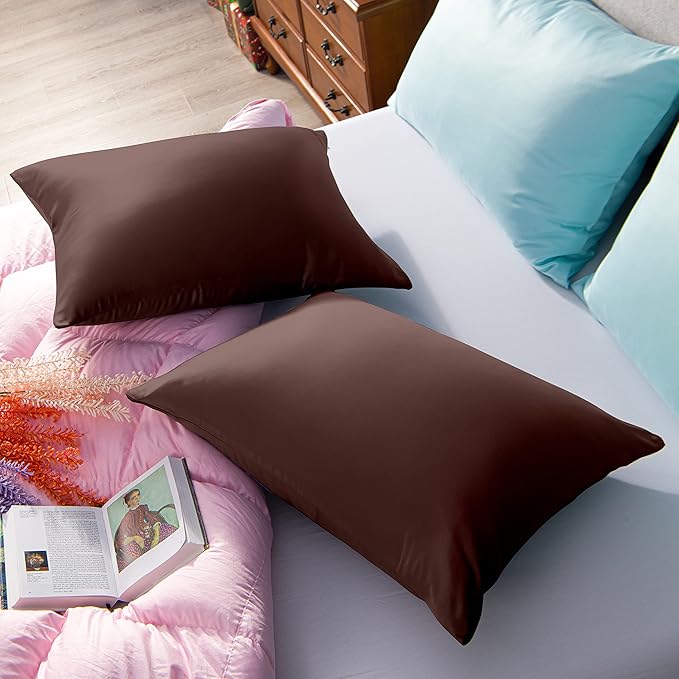 NTBAY Zippered Satin Pillow Cases for Hair and Skin, Luxury King Hidden Zipper Pillowcases Set of 2, 20x36 Inches, Dark Brown