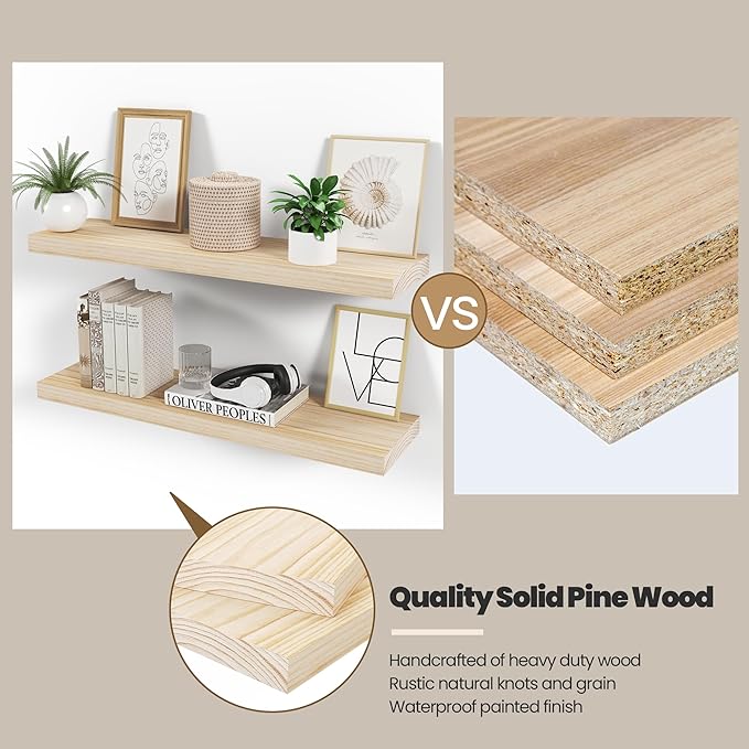 Natural Wood Floating Shelves 24”x 8”x 1.4” Book Shelf Floating for Wall Mounted, Heavy Duty Shelf Hold 60 lbs, Unfinished Wall Shelves for Bathroom, Living Room, Kitchen, Bedroom, Office