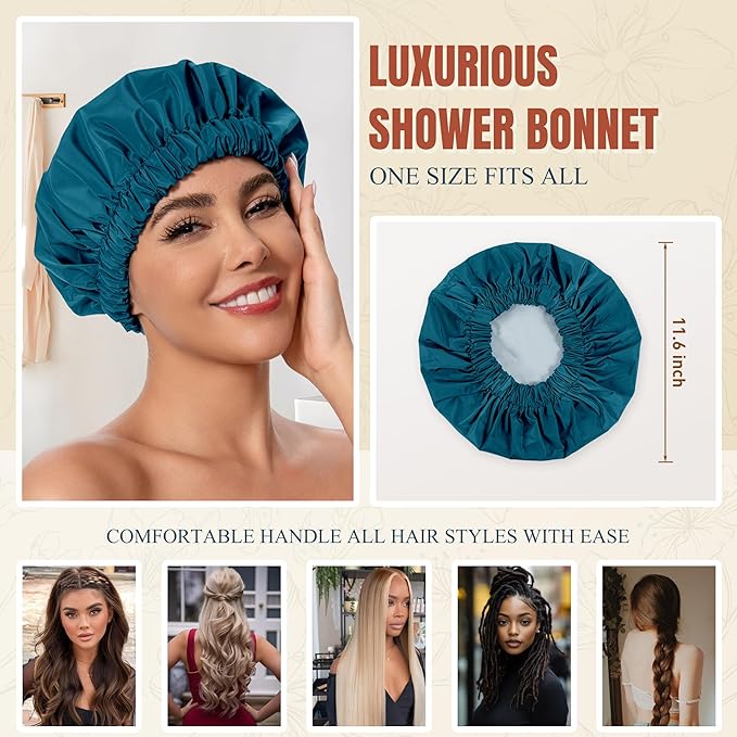 Reusable Shower Cap for Women, Stylish Large Waterproof Shower Bonnet Washable Wide Elastic Band Hair Cap for Long Hair, Braids Bath Hat(Blue Zircon)