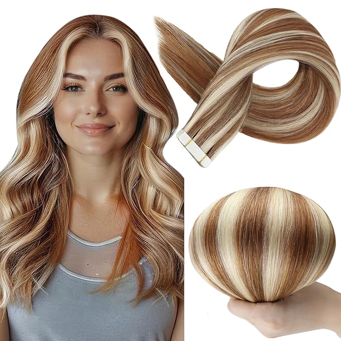 Full Shine Tape in Hair Extensions Color 330P800 Blonde Hair Extensions Real Human Hair Tape in 22 Inch Invisible Tape ins Human Hair Extension Double Sided Human Hair 50Gram 20Pcs Add Length