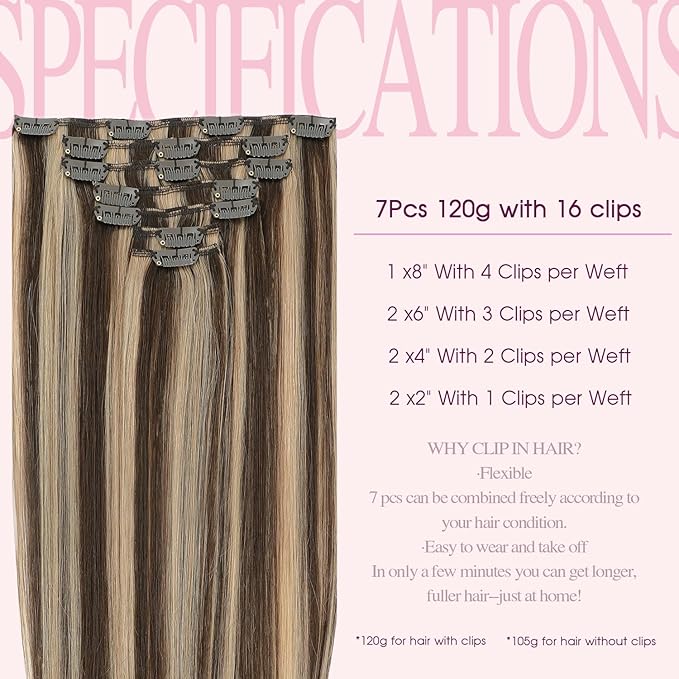 PINKPEARL Clip in Hair Extensions Human Hair 22inch 120g 7pcs Remy Human Hair Extensions Clip in #4P27 Chocolate Brown Highlighted Caramel Blonde Clip Hair Natural Human Hair(#4P27-22)