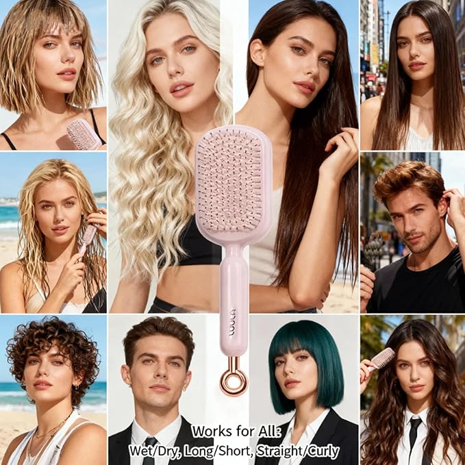 Retractable Cushion Massage Comb for Wet & Dry Hair, Anti-Static Self Cleaning Hair Brush for All Hair Types, Soft Bristles, Easy Eliminates Knots, Detangling Hairbrush for Women Men (Pink + White)