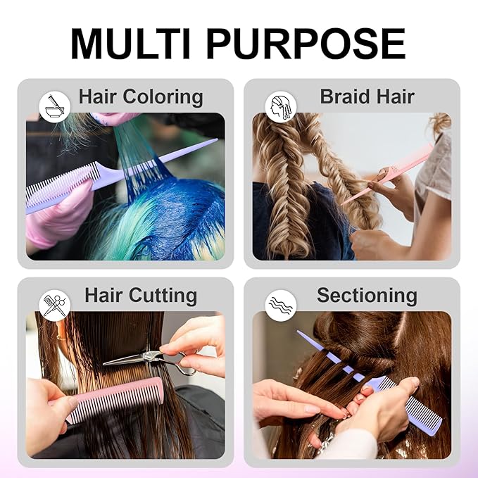 Rat Tail Combs for Parting,Fine Tooth Teasing Comb-Heat Resistant Anti Static Parting Combs for Braiding,Root Teasing-Styling Combs Set for Women,Suit for Wet Dry Hair((Pink&Purple)