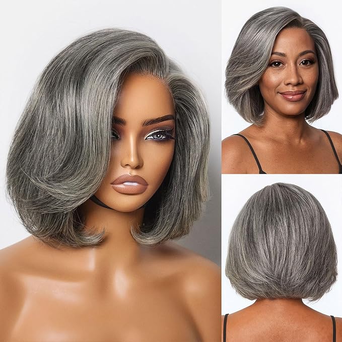 LUVME HAIR Salt & Pepper Layered Bob 100% Human Hair Wig Glueless Pre-Cut Lace Wig Gray Wigs For Women Short Grey Hair Glueless 10 Inches Bob Wigs Pre Plucked Pre Cut Pixie Cut