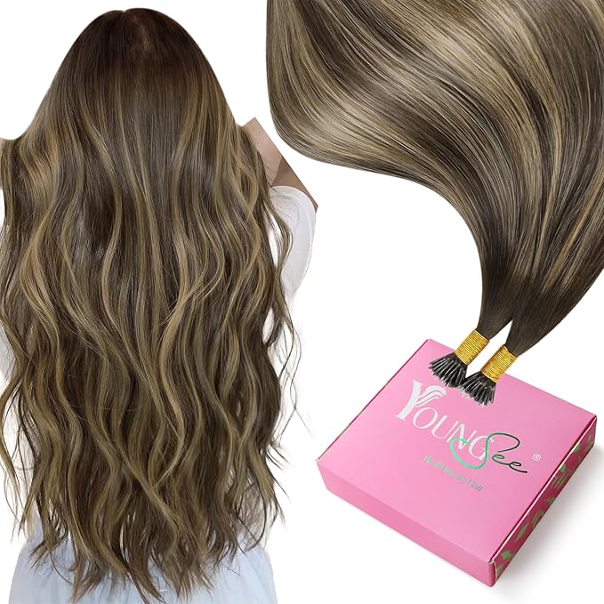 YoungSee Nano Ring Hair Extensions Ombre Nano Hair Extensions Human Hair Dark Brwon Balayage Caramel Blonde Human Hair Extension Nano-Bead 18Inch Nano-Tip Hair Extension for Wedding 50G 50S