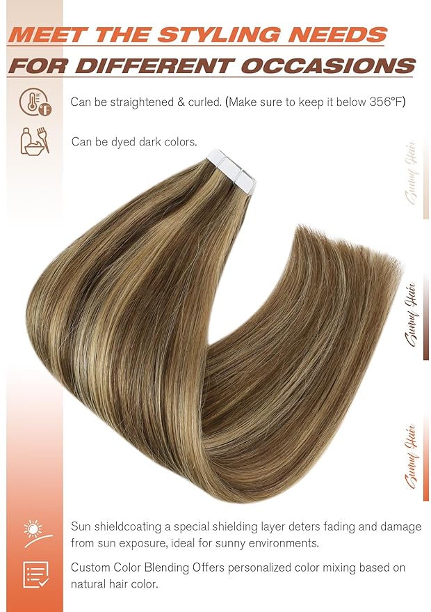 Sunny Hair Tape in Hair Extensions Real Human Hair Invisible Remy Hair Extensions Tape ins for Women Dark Brown Highlight Caramel Blonde 18 inch 20Pcs 50G