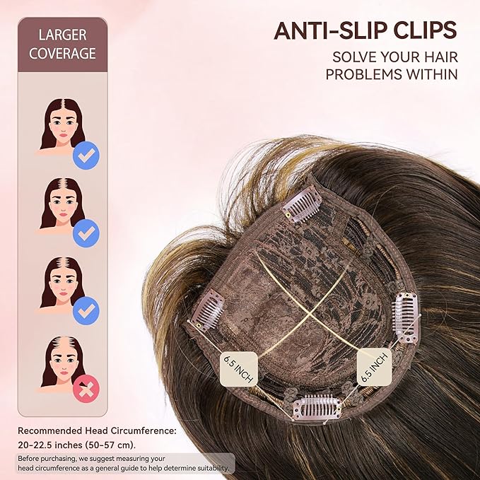LEEONS Hair Toppers for Women with Bangs Short Bob Synthetic Pieces for Thinning Hair Side Part (Dark Brown with Highlights)
