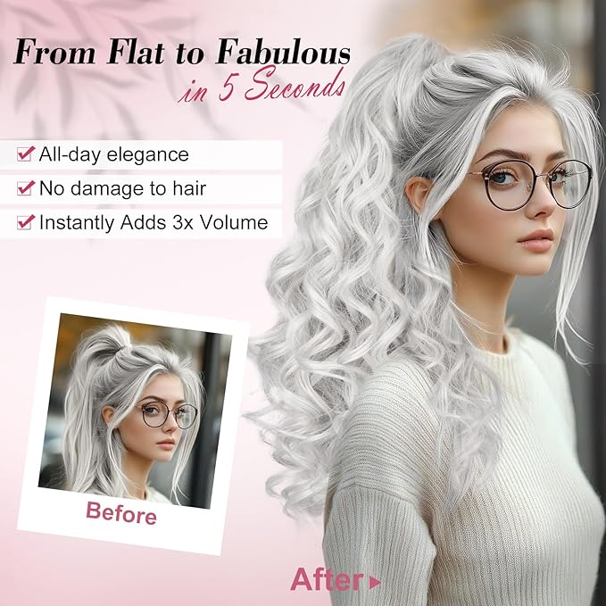 QGZ Ponytail Extension 20 Inch Claw Clip Ponytail Hair Extension Natural Synthetic Curly Wavy Hairpiece for Women Daily Use(Silver Grey)