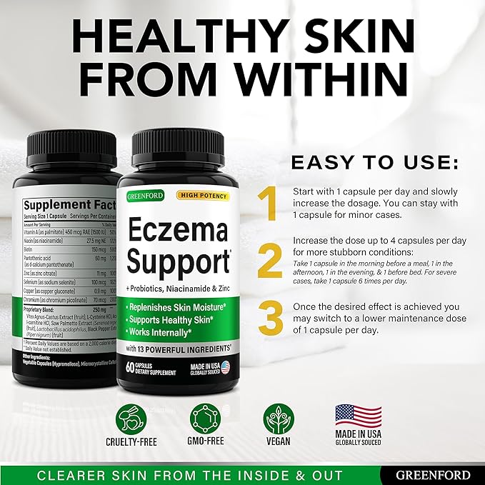 Greenford Eczema Treatment & Support for Natural Relief - Made in USA - Skin Vitamins & Herbals for Eczema, Acne, Psoriasis, Rosacea Treatment with Zinc, Niacinamide & Probiotics - 60 caps