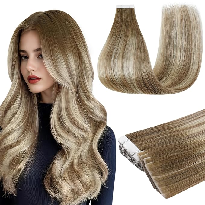 Full Shine Injection Invisible Tape in Hair Extensions 16 Inch Color Dark Brown 3 Fading to 8 and 22 Blonde Intact Machine Remy Tape in Human Hair Extensions Straight Skin Weft 20 Pcs 40 Grams