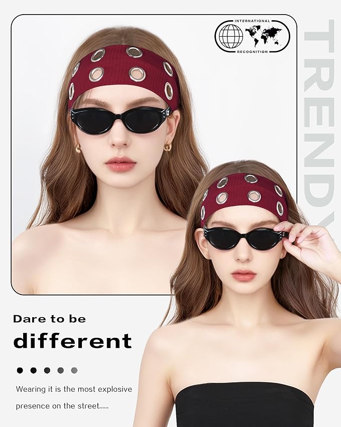 Grommet Headband for Women, Wide Burgundy 20cm Hollow Out Elastic Hair Band, Eyelets Punk Grunge Stylish Hairband