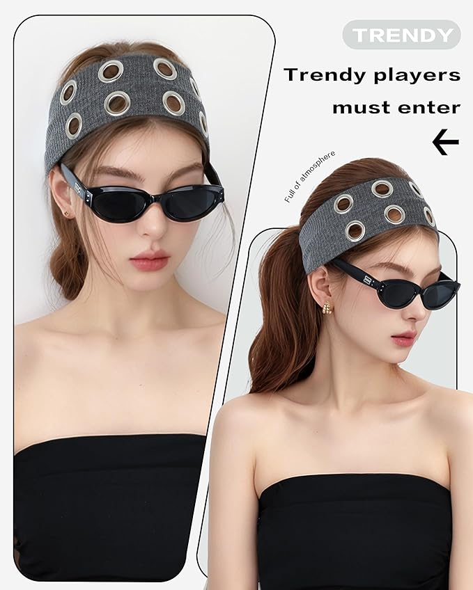 Grommet Headband for Women, Wide Grey 20cm Hollow Out Elastic Hair Band, Eyelets Punk Grunge Stylish Hairband