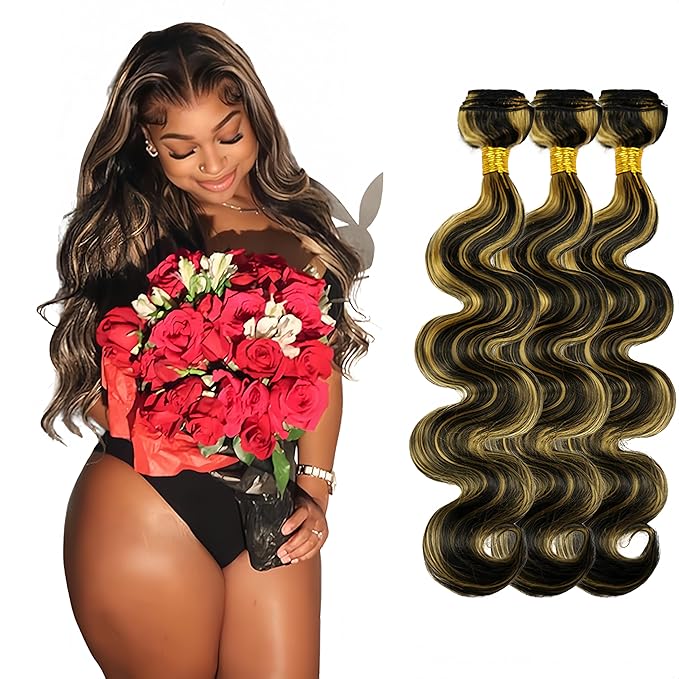 Blonde Body Wave Bundles Human Hair Highlight Bundles 14 14 14 Inch Brazilian Virgin Soft and Silky Remy Hair Extensions Niegmeag 2 Tone Black and Honey Blonde Bundle