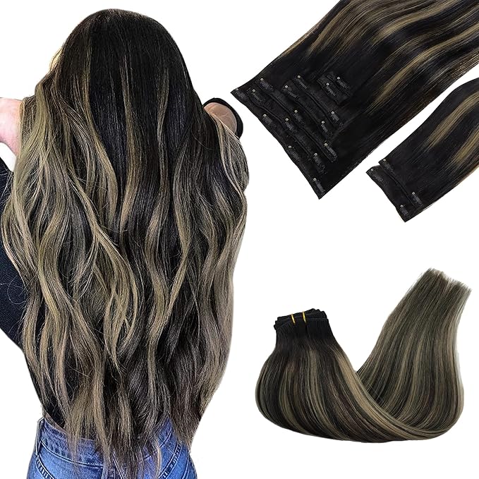 GOO GOO Clip in Hair Extensions Real Human Hair, Remy Human Hair Extensions Clip ins for Women, Natural Human Hair, 18inch 150g 9Pcs, 1B/16/1B Balayage Natural Black to Light Blonde