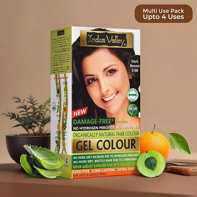 Indus Valley Natural Organic Damage Free Gel Hair Dye | Organic Hair Colour, Ammonia Free, Vegan & Cruelty Free | Up to 100% Gray Coverage, Long Lasting Results |Dark Brown 3.0 (20gram+200ml)