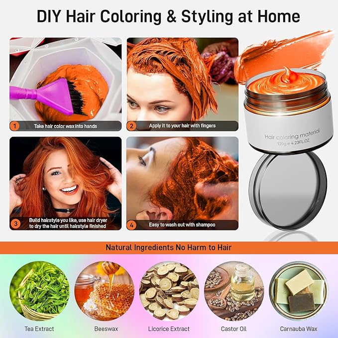 Orange Temporary Hair Dye,Temporary Hair Color Wax,Natural Washable Hair Dye Temp Hair Color for Women Men Kids Party Cosplay Halloween