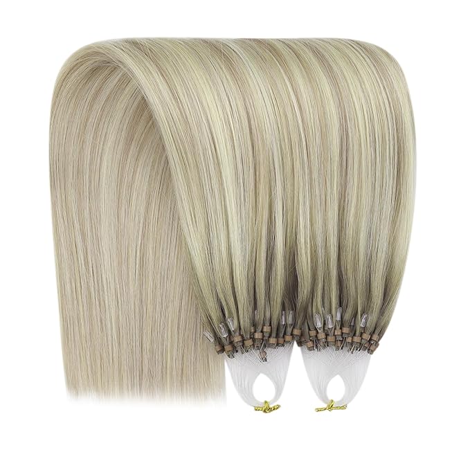 YoungSee Micro Link Hair Extensions Human Hair Ombre Blonde Micro Bead Hair Extensions Blonde to Platinum Blond Beaded Hair Extension Real Human Hair Balayage Remy Hair for School 14In 50s/50g