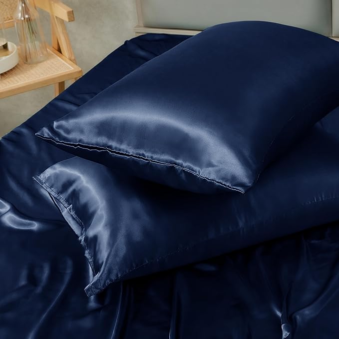 Navy Blue King Size Satin Pillowcase Set of 2 with Envelope Closure,Navy Blue Silk Pillowcase for Hair and Skin (20x36)