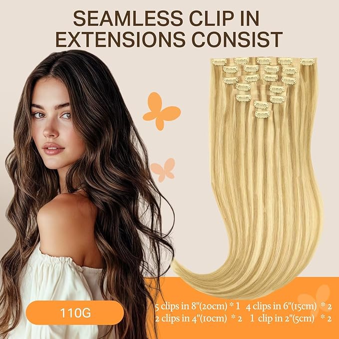 DOORES Seamless Clip in Hair Extensions Real Human Hair, DirtyBlonde Highlight Golden Blonde 20 Inch 110g 7pcs, Human Hair Extensions Seamless Clip in Invisi Edge Hair Extensions Straight Hair