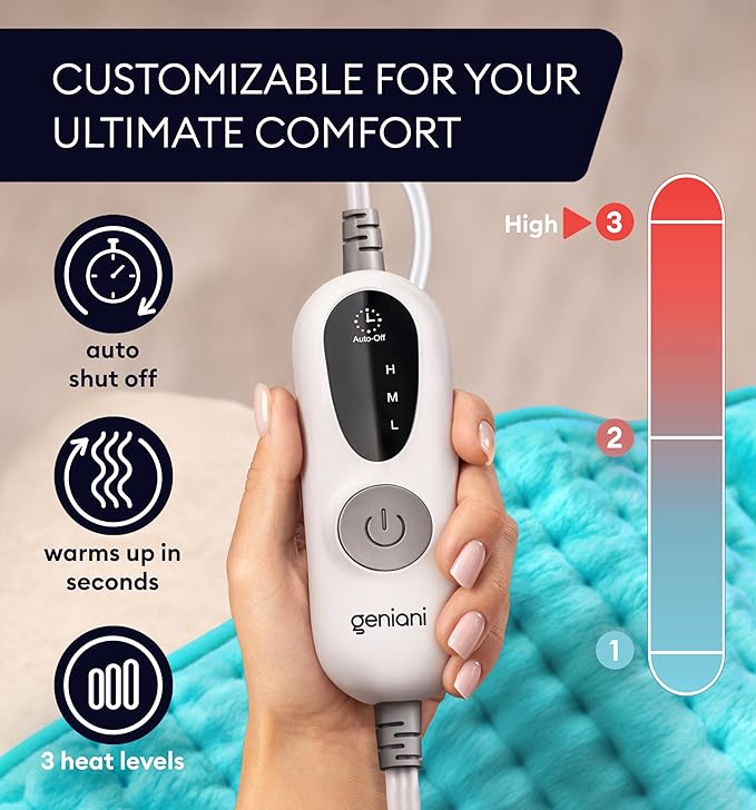 GENIANI XL Electric Heating Pad for Back Pain & Cramps Relief, Electric Throw, Christmas Gifts for Women, Auto Shut Off, Machine Washable, Heat Pad for Neck & Shoulder (12"x24" Viridian Green)