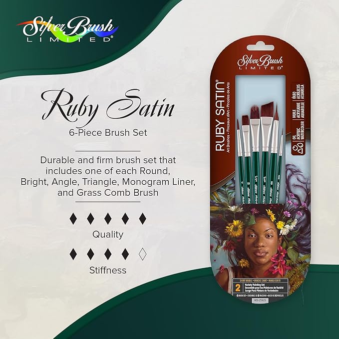 Silver Brush Limited RSS-2560S Ruby Satin Variety Set, Paintbrushes for Oil, Acrylic, & Heavy Body Paints, Set of 6, Round, Bright, Angle, Triangle, Monogram Liner, & Grass Comb Brushes, Short Handle