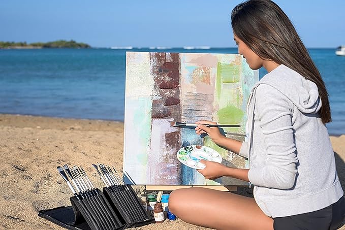 ADIS&Guys 15-Piece Art Paint Brush Set – Professional Brush Kit for Acrylic, Oil, Watercolor, Gouache, Face and Body – Includes Angle, Filbert, Flat, Fan & Round Brushes with Travel Case