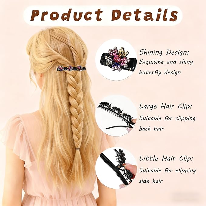 4PCS Sparkling Crystal Stone Braided Hair Clips for Women,Rhinestone Hair Clip for Short and Long Hair,Duckbill Hair Clips for Thick and Fine Hair,Hair Styling Accessories Birthday & Christmas Gifts