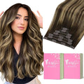 YoungSee Clip in Hair Extensions Balayage Brown Hair Extensions Clip ins Invisible Clip Hair Extension Real Human Hair Balayage Chocolate Brown Mix Caramel Blonde Clip in Extension Straight 14In 120G