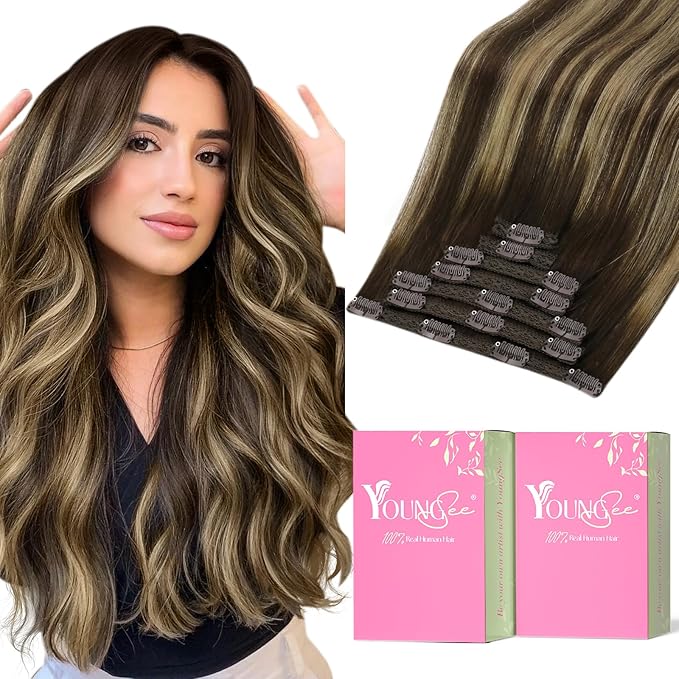 YoungSee Clip in Hair Extensions Balayage Brown Hair Extensions Clip ins Invisible Clip Hair Extension Real Human Hair Balayage Chocolate Brown Mix Caramel Blonde Clip in Extension Straight 14In 120G