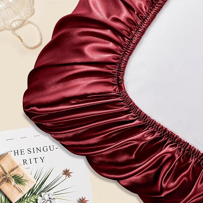 Manyshofu Satin Pillowcases for Hair Protection - 1Pcs Maroon Pillow Cases, Elastic Band Standard & Queen Satin Pillowcases Luxury Silky Pillow Cases Travel Pillow Covers