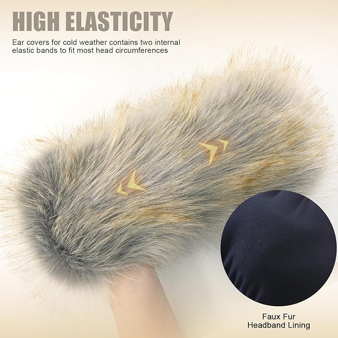 Faux Fur Headband for Women Elastic Fuzzy Thick Earmuffs Winter Headwrap Ear Muffs Furry Ear Warmers Cold Weather (Silver)