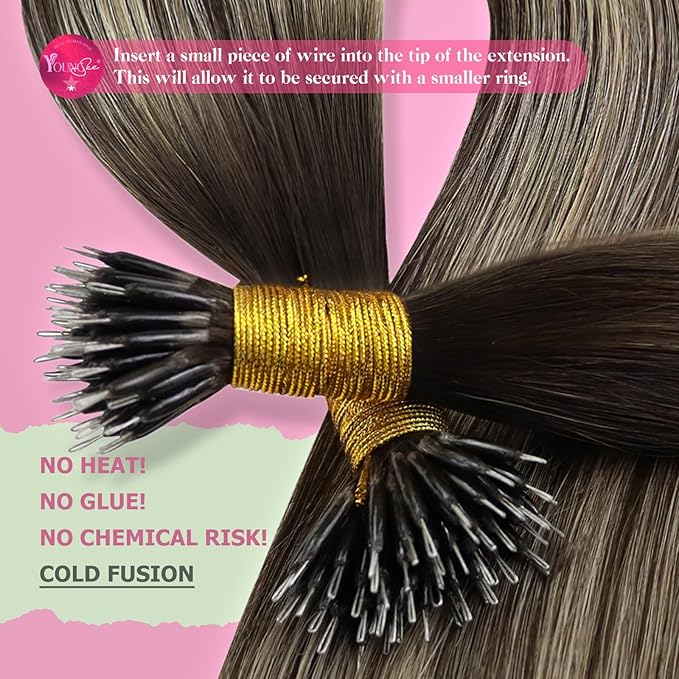 YoungSee Nano Hair Extensions Real Human Hair Balayage Brown Nano Beads Hair Extensions Human Hair Balayage Dark Brown with Ash Blonde Nano Tips Remy Hair Extension for Women Cold Fusion 18in 50s 50g