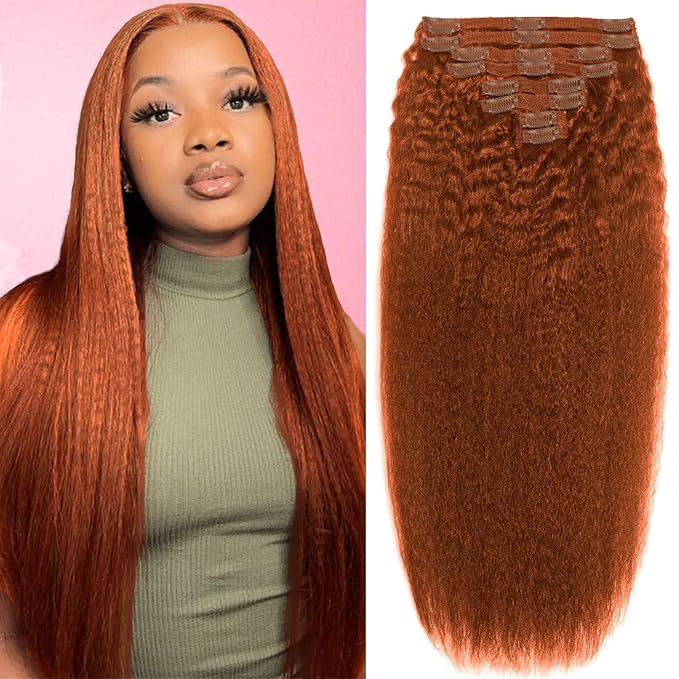 20 Inch 120g Copper Clip in Hair Extensions Real Human Hair, 8pcs Double Weft Hair Extensions Smooth Human Hair Kinky Straight Clip ins for Women Easy Application