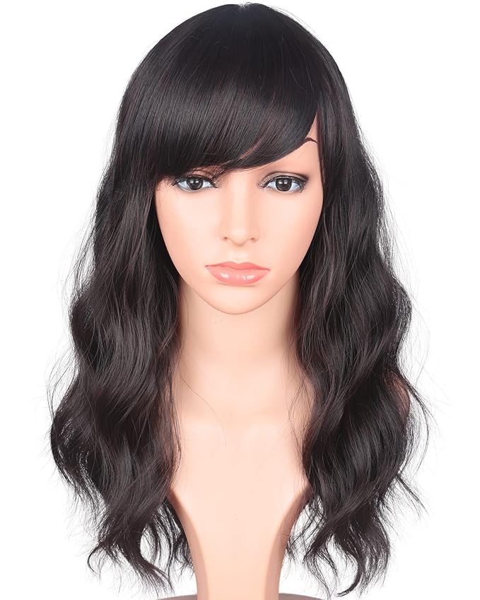 16 Inches Black Mix Brown Fashion Wavy Synthetic Hair Wigs For Black Women With Side Bangs Free Wig Cap (BLACK MIX BROWN(1B/33#))