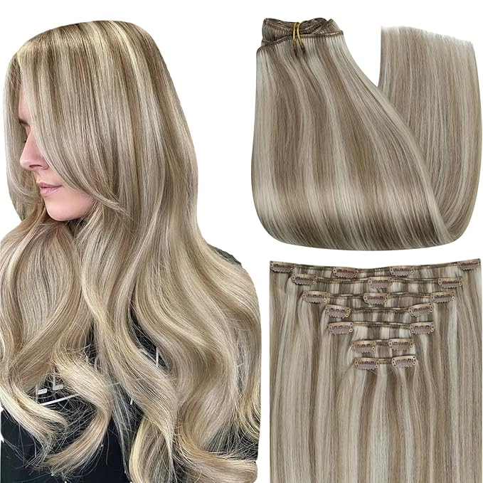 Full Shine Blonde Clip In Hair Extensions, Ash Brown Highlight Blonde Extensions Clip in, Remy Straight Clip in Human Hair for Women,Double Weft 7 Pcs 120 G 16 Inch