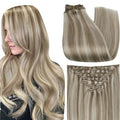 Full Shine Clip in Extension, Ash Blonde Higlight Light Blonde Hair Extensions Real Human Hair, 18 Inch Straight Natural Hair Extensions Clip ins, Double Wefr Add Thickness 7 Pcs 120g