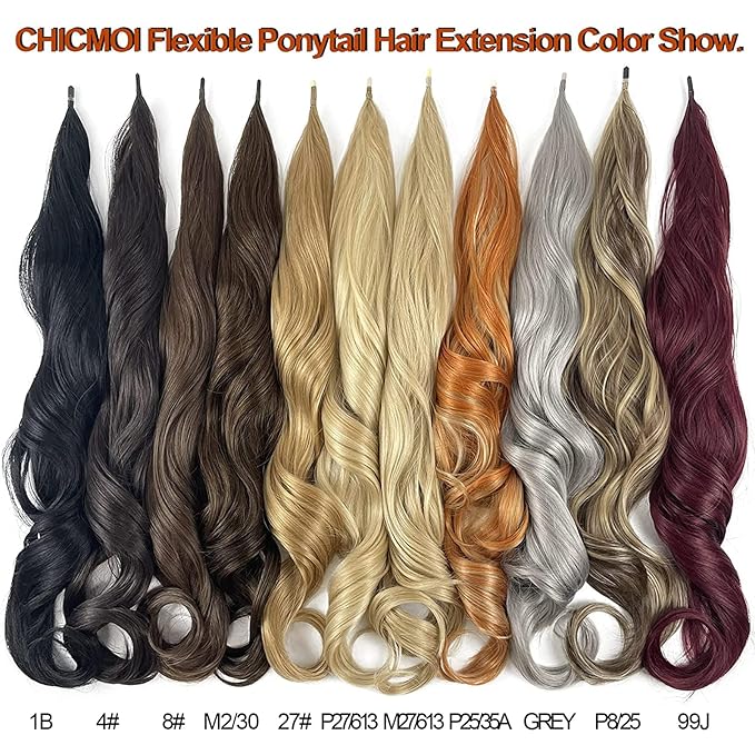 Chicmoi Black Ponytail Extainson 32 Inch Flexible Wrap Around Ponytail Hair Extension Long Wavy Pony Tails hair Extension 1B Natural Black Synthetic Hairpieces For Women and Girls
