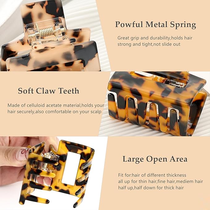 2Pcs Small Medium Hair Claw Clips for Women Tortoise Shell Rectangle Claw Hair Clips for Thin Fine Medium Thick Hair Non Slip