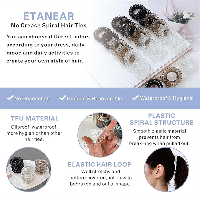 Spiral Hair Ties, 24 Pcs Hair Scrunchies for Women's Hair, Elegant Clear, Brown, Black Hair Ties No Damage Comfortable Non-Slip Elastic Hair Coils for Girls, Kids, and All Occasions