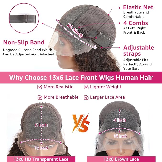 Chocolate Brown 13x6 Lace Front Wigs Human Hair 200 Density Deep Wave HD Lace Front Wigs Curly Glueless Wigs Pre Plucked 13x6 Frontal Human Hair Wigs for Women (26 Inch)