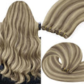 YoungSee Human Hair Sew in Extensions Highlight Straight Hair Extensions Weft Light Brown with Blonde Highlight Sew in Hair Extensions Real Human Hair for Women 18In 100G
