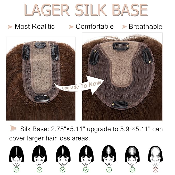 Hair Toppers for Women Real Human Hair No Bangs, 13 * 15 cm Larger Silk Base 150% Density Clip In Topper Hairpieces, Wiglet Top Pieces Add Volume -10 Inch 04 Medium Brown
