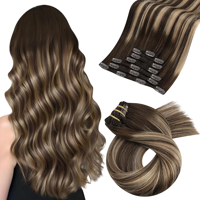 Moresoo Ombre Brown Clip in Hair Extensions Dark Brown to Caramel Blonde Balayage Real Hair Extensions Clip in Human Hair Full Head 16 inch 120g/7pcs