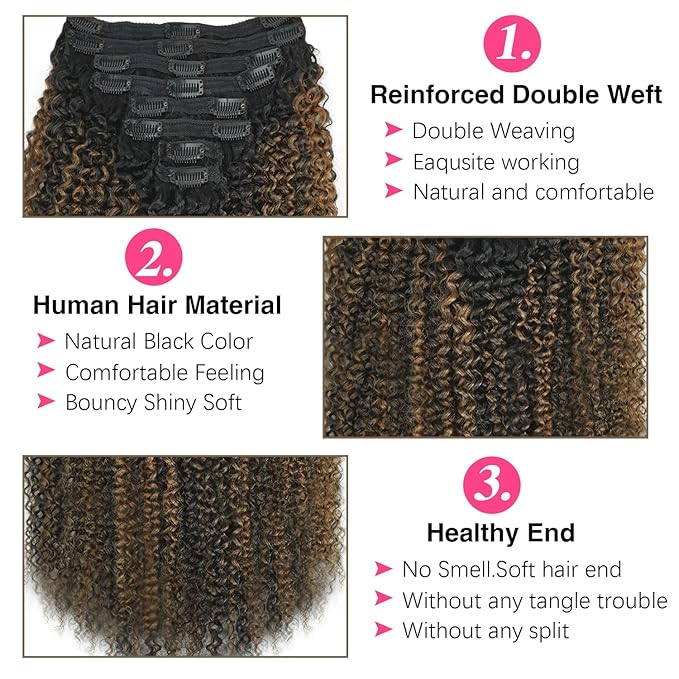3c 4a Curly Clip in Hair Extensions T1BP1B/30 Omber Kinky Curly Clip ins For Women Brazilian Virgin Clip on Hair (26inch,T1BP1B/30)