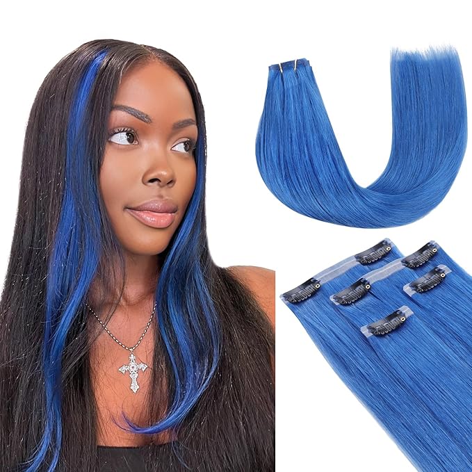 Lashey Seamless Clip in Hair Extensions Human Hair 37g 4pcs Blue Hair Extensions Real Human Hair 14 Inch Straight Hair Extension Clips with PU Soft Invisi Edge