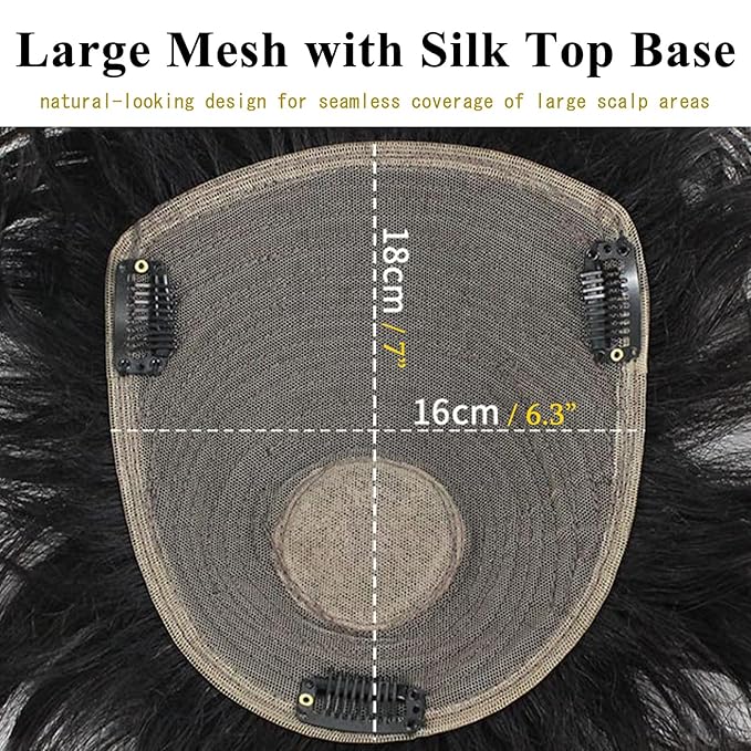 Short Human Hair Topper for Women with Hairloss,Invisible Clip in Texture Wavy Topper Hairpiece with Large Mesh 6.3x7 Ins and Silk Top Base Natural Fluffy Wiglet Hairpiece Dark Brown