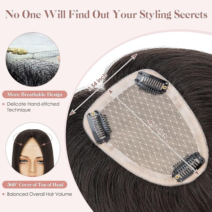 Hairro Human Hair Toppers Free Parted, 3.5x4.7" Base Hand-wovened 100% Real Hairpieces, with Invisible Clips-in for Women, for High Hairline/Adding Volume on Top, 10 Inch Light Natural Black