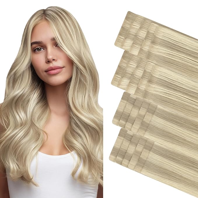 GOO GOO Invisi Edge Tape in Hair Extensions Human Hair, 17A/60A Ash Blonde Highlighted Platinum Blonde 10pcs injected with 10pcs classical tape ins, 20inch 50g, Virgin Remy Hair, Natural Look