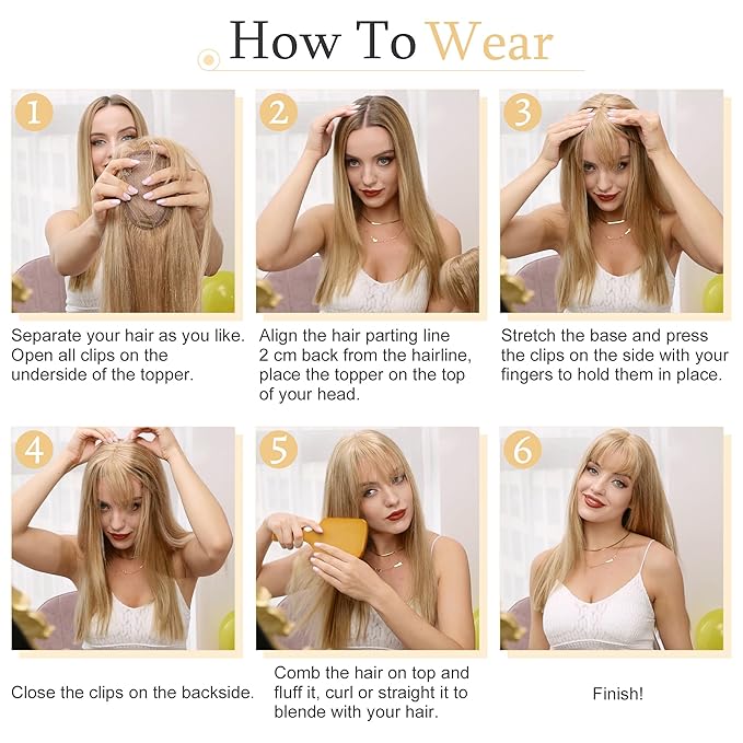 SEGO Hair Toppers for Women Real Human Hair With Bangs, 7 * 13CM Silk Base 100% Remy Human Hair Clip in Top Wiglet Hairpieces Add Volume -12 Inch Light Brown