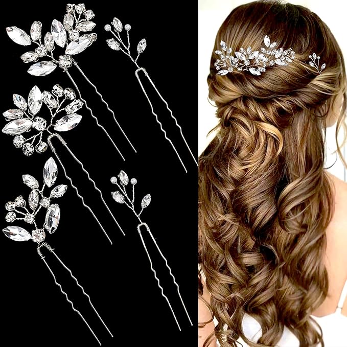 5 Pieces Bride Hair Pins Rhinestone Bridal Hair Piece for Women Crystal Hair Accessories for Bride Bridesmaids Flower Girls(Silver)